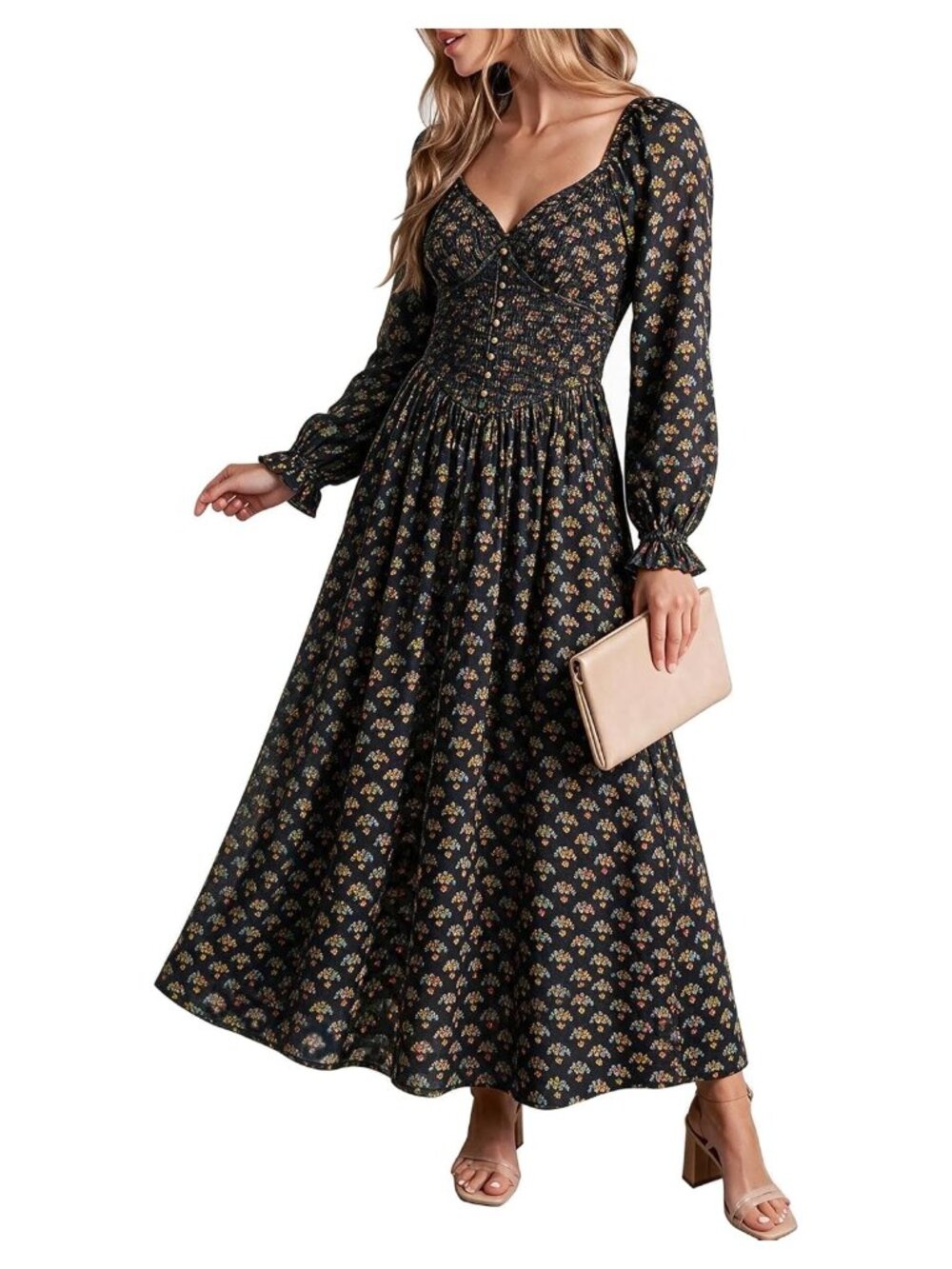 Boho Long Sleeve Sweetheart V-Neck Maxi Dress 100% Viscose Fit & Flare